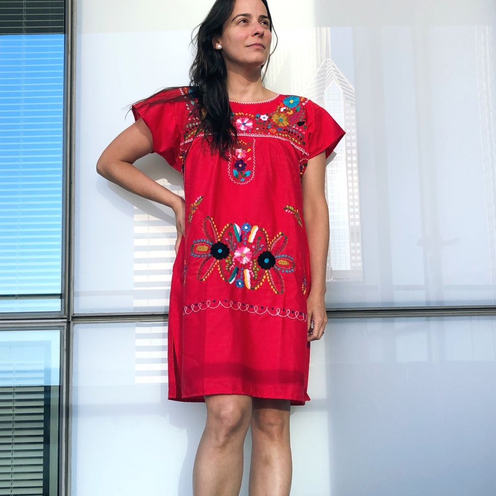 Mexican Red Hand Embroidered Dress With Florals